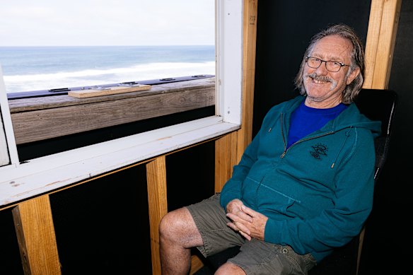 Doug ‘Claw’ Warbrick, in the purpose-built Bells Beach viewing box he and fellow Rip Curl co-founder Brian Singer watch every heat from every year.