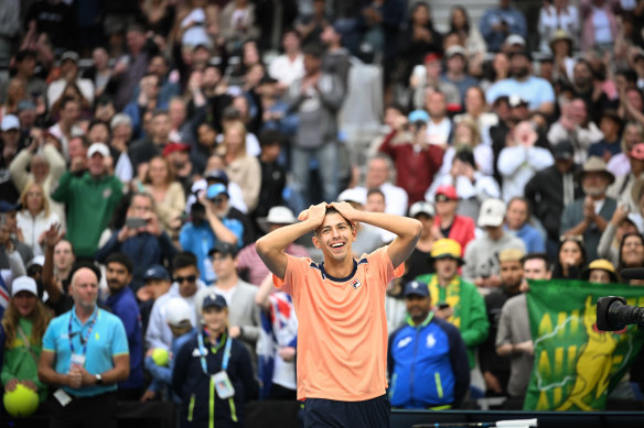 Alexei Popyrin takes in his upset win over American Taylor Fritz.