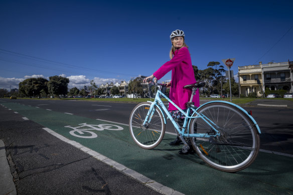 Alison McCormack, chief executive of the Bicycle Network, at Kerferd Road where the Shrine to Sea bike lanes would run. 