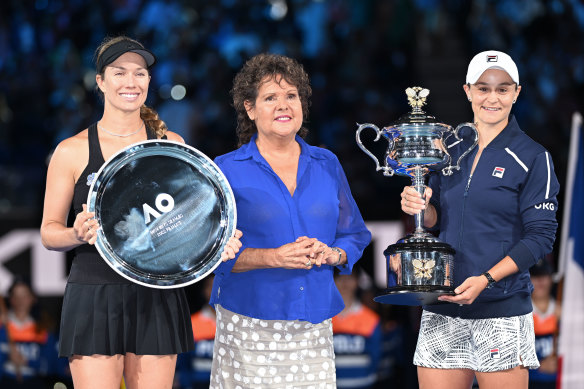 Danielle Collins, left, with Ash Barty after this year’s Australian Open women’s final. 