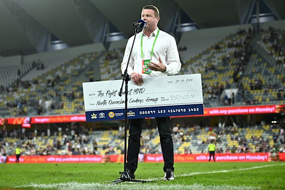 North Queensland fans presented South Sydney CEO Blake Solly with a cheque for $50,000 raised for motor neurone disease.