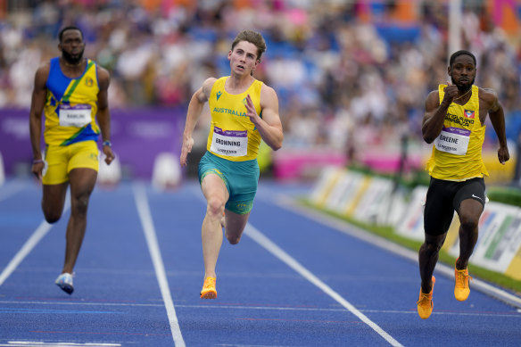 Sizzling run: Rohan Browning in his 100m heat on at the Commonwealth Games.