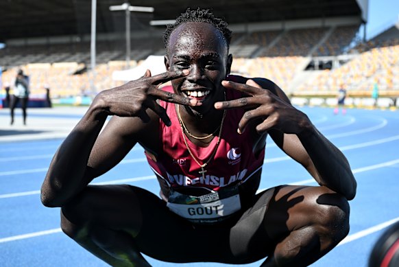 Gout Gout celebrates his 100-metre victory at the Australian Athletics junior championships on Saturday.