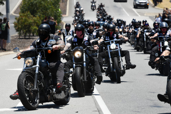 Bikies ride from the funeral home in North Perth to Pinnaroo Valley Memorial Park for Martin’s funeral. 