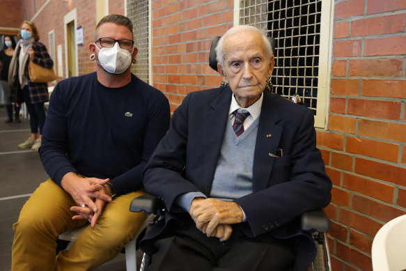 Leon Schwarzbaum, right, whose parents and uncle died in a concentration camp, was in court to watch the trial.
