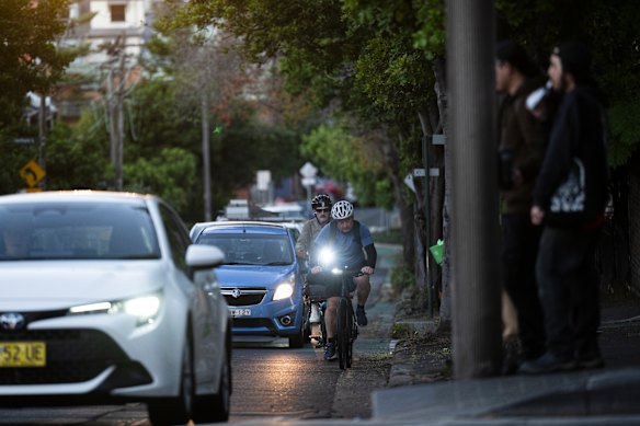 The Bridge Road Cycleway at the junction with Glebe Point Road in Glebe, where cyclists merge from their protected path with cars. 