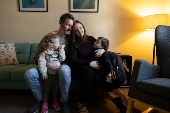 Helen and Dan Broadley with their children Fern, 2, and Asher, 5, at their home in Manly, sharing Finn’s story.