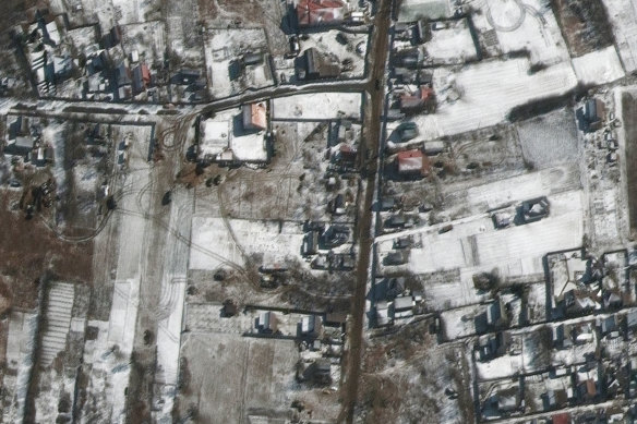 In this satellite image Russian troops and military vehicles are visible in Ozera, northeast of Antonov Airport, near Kyiv. 