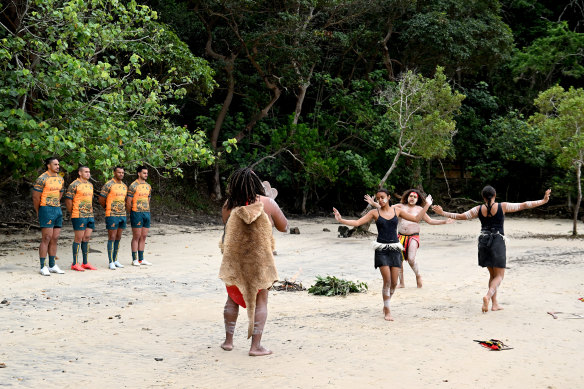 Welcome to country: Yugambeh elder Luther Cora welcomes the Wallabies to the Gold Coast.