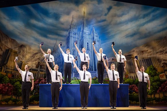 The ensemble of fresh-faced missionaries sing, dance and doorknock their way around the stage.