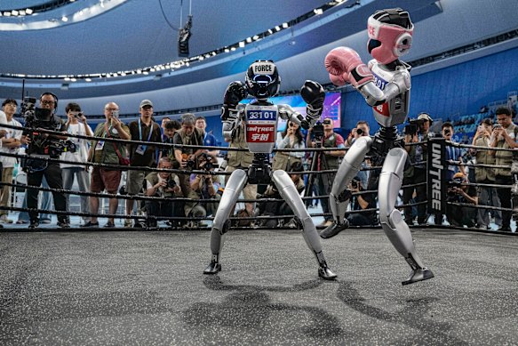 Robots fight during a kickboxing match at the World Humanoid Robot Games in Beijing in 2025.