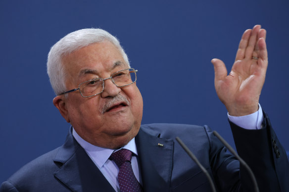 Mahmoud Abbas, President of the Palestinian National Authority, speaks to the media with German Chancellor Olaf Scholz.