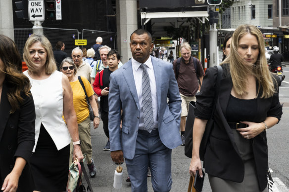 Kurtley Beale arrives at court on Wednesday with his barrister Margaret Cunneen, SC, (left) and solicitor Lauren MacDougall (right).