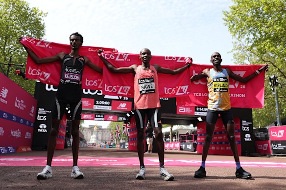 Kenya’s Sebastian Sawe, Ethiopia’s Yomif Kejelcha and Uganda’s Jacob Kiplimo.