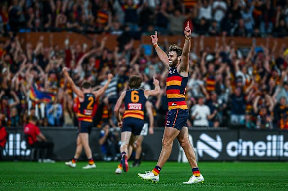 Adelaide’s Riley Thilthorpe after booting a big goal during a pulsating Showdown clash.