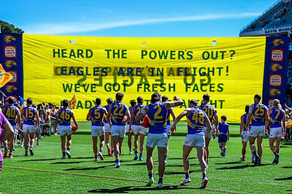 West Coast’s banner before the match at Adelaide Oval.