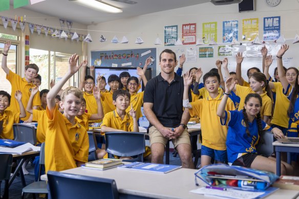 Teacher Mitch Thorp with year 6 students at Serpell Primary School in Templestowe.