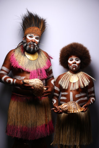Yessie Mosby and his son Genia pose backstage ahead of the First Nations show at Australian Fashion Week in May.