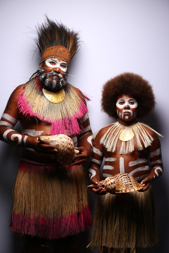 Yessie Mosby and his son Genia pose backstage ahead of the First Nations show at Australian Fashion Week in May.