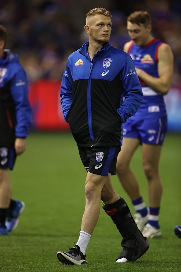 Adam Treloar was wearing a moon boot by the end of the Bulldogs’ clash with the Saints. He is set for a stint on the sidelines.