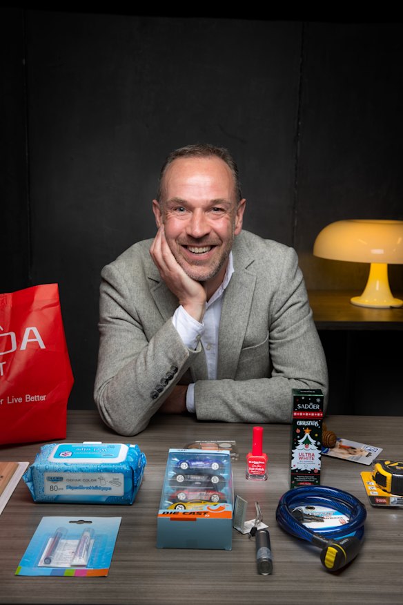 Product safety expert Professor Blair Kuys with The Age’s Panda Mart haul.