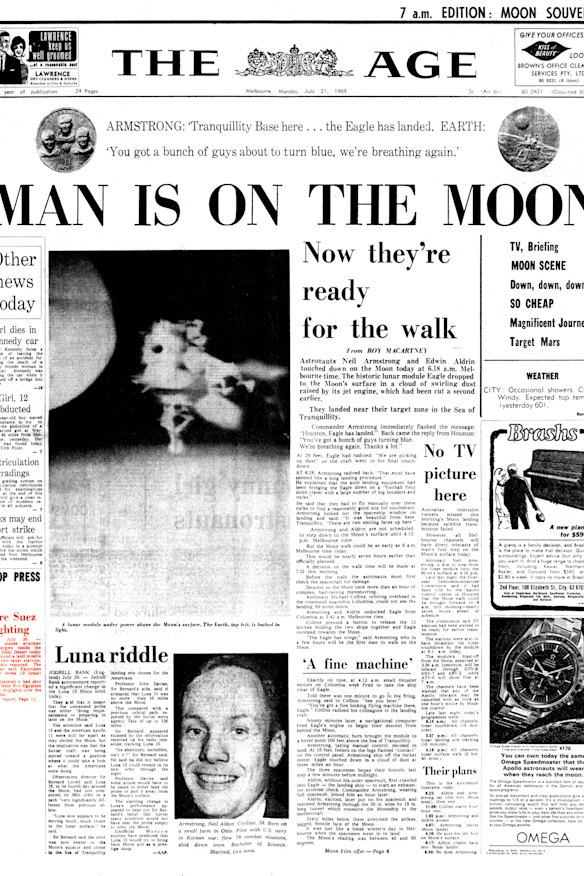 Front page of The Age, July 21, 1969 - MAN IS ON THE MOON. 