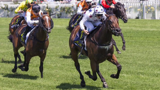 Shining light: Luke Currie rides Sunlight to a strong win at Rosehill.