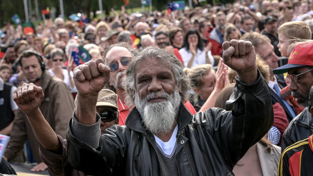 Reg Edwards on the lawns in front of Old Parliament House during Kevin Rudd's apology speech.