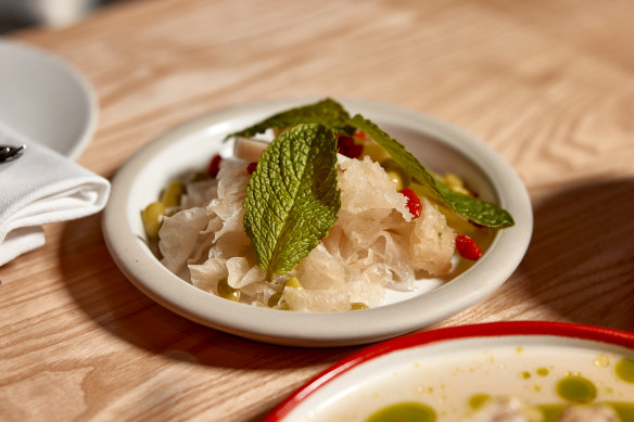 Pickled lotus root with rose wine, Chinese yam and mint.