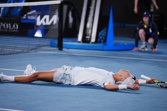 Holger Rune of Denmark celebrates after defeating Miomir Kecmanovic of Serbia.