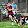 Jock Campbell of the Reds scores a try during the round 15 Super Rugby match against Moana Pasifika at North Harbour Stadium.