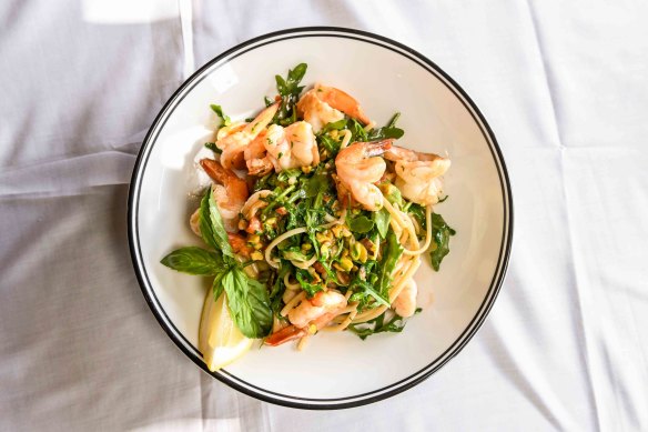 Linguini with prawns and pistachios.