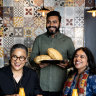 Kylie Kwong with Chatkazz owner-chef Dharmesh Rangparia and Bhavna Kalra at Chatkazz restaurant in Harris Park.
