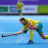 Edward Ockenden shoots during the men’s hockey gold-medal match against India.