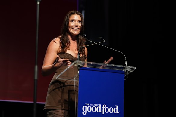 Jamie Bucirde presenting this year’s Cultural Change Champion award for The Age Good Food Guide.