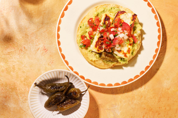 Vegetarian tostadas topped with halloumi and blistered jalapenos (left).