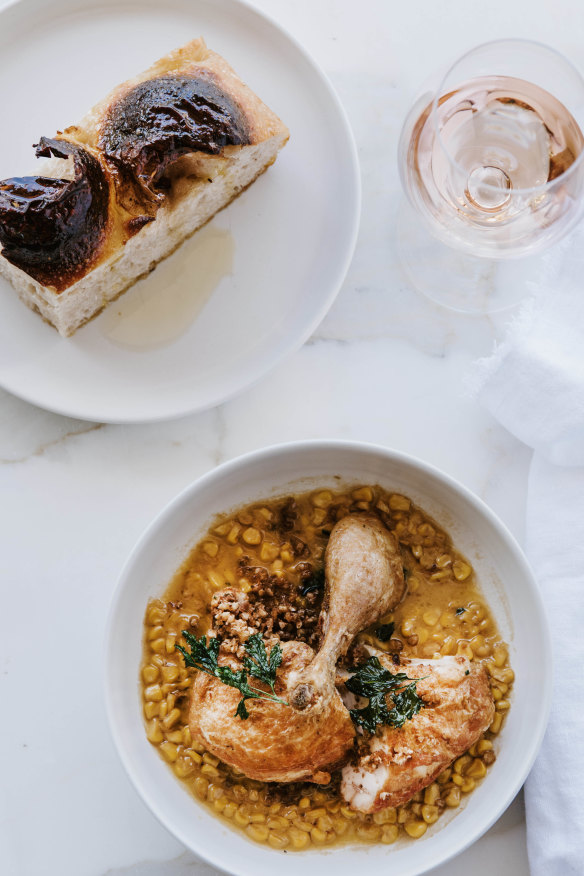 Half-roasted chicken with buttered grains. 