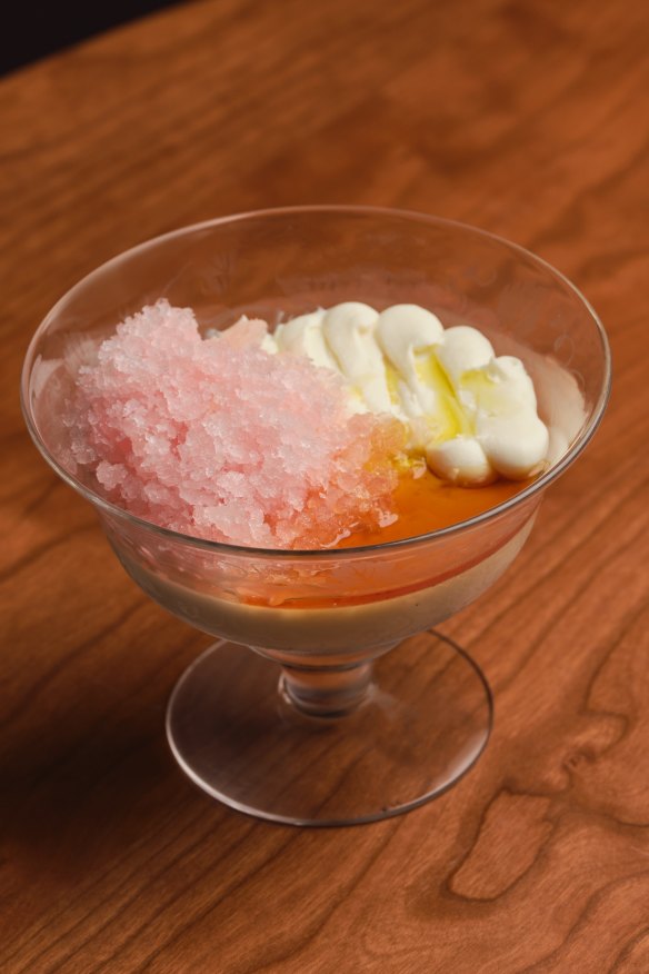 Panna cotta, blood orange granita and vermouth caramel.