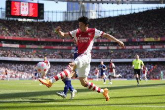 Arsenal’s Takehiro Tomiyasu in action against Leeds at the Emirates on Sunday.