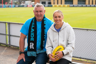 Port Adelaide captain Erin Phillips and her father, former Port Adelaide player and AFL hall of famer, Greg Phillips.