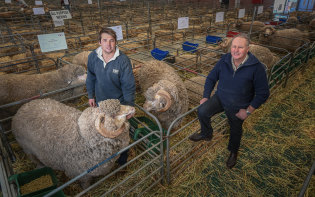 WA graziers Lachlan Dewar, left, and his father Craig Dewar at the Australian Sheep and Wool Show in Bendigo.