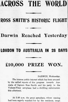 The Age of December 11, 1919 announces the Smith brothers' successful arrival in Darwin.