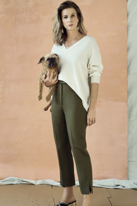 Rachel wears Jac + Jack sweater, Camilla and Marc trousers, Marni earrings, Bally shoes, her own necklace.