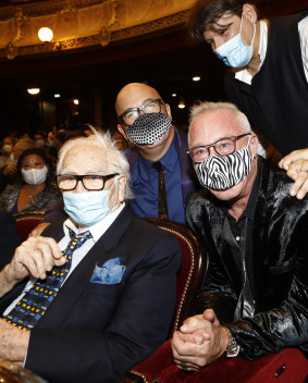 French designer Pierre Cardin, P. David Ebersole, Todd Hughes and Pierre Cardin's nephew Rodrigo Basilicati-Cardin attend the "House Of Cardin" Special Screening at Theatre du Chatelet on September 21, 2020 in Paris, France.