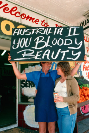 Perth shopkeepers share the enthusiasm that greeted the crew of Australia II on their arrival in Perth as America's Cup winners in 1983.