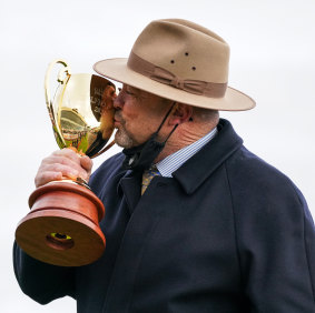 Peter Moody with the Caulfield Cup after Incentivise’s victory last month.