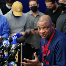 Philadelphia coach Doc Rivers addresses the media.