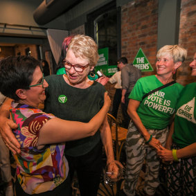 Happier times: Senator Janet Rice welcomes newly elected Greens MP Gabrielle de Vietri.
