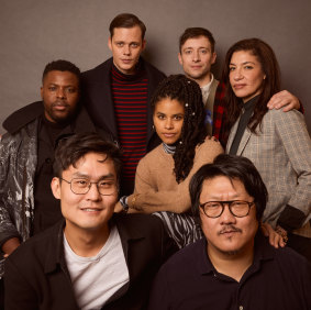 At rear, from left: Winston Duke, Bill Skarsgard, Zazie Beetz. David Rysdahl and Arianna Ortiz. Edson Oda (front left) and Benedict Wong.