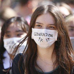 A young protester joins a strike to raise climate change awareness.